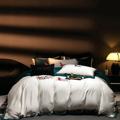 Luxus Satin bestickte Bettbezugset mit Pferdemotiv