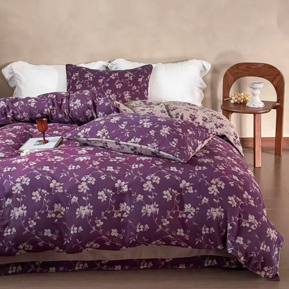 Wendbares Bettwäsche-Garnitur-Set aus Baumwoll-Leinen mit zartem Blumenprint und gesteppter Decke