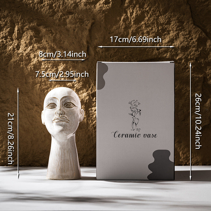 Handglasiertes zeitgenössisches skulpturales Kopf-Pflanzen-Vase mit schmalem Hals