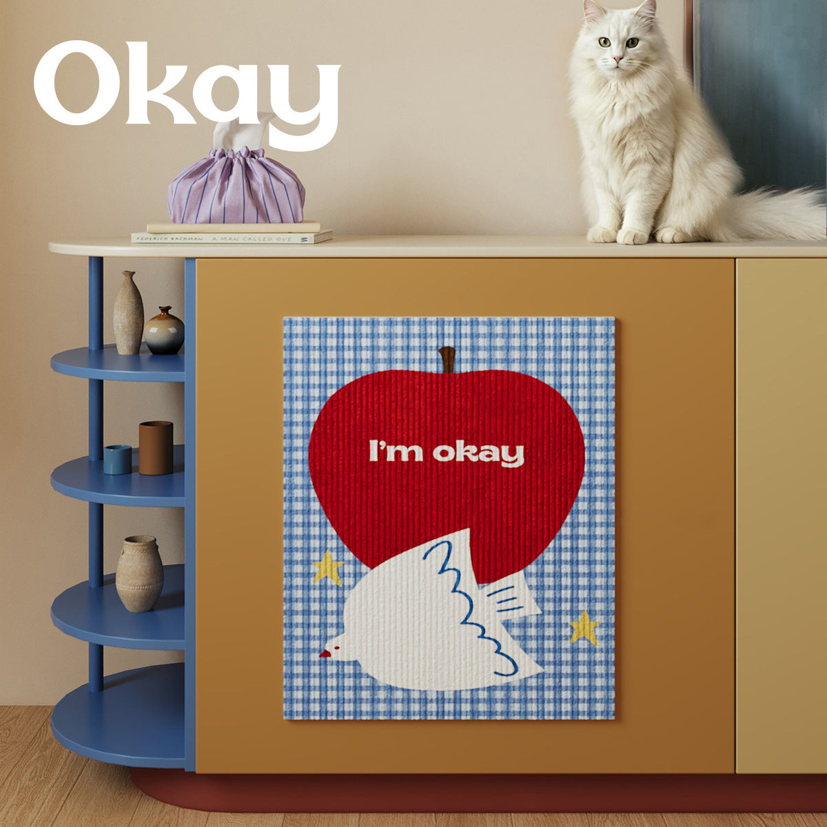 Decorative Cotton-Linen Wall Tapestry Panel with Printed Dove and Cherry Illustration