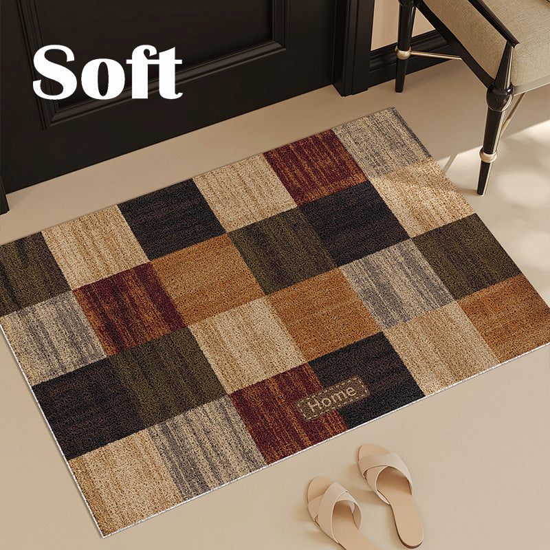 Decorative Absorbent Non-Slip Entrance Doormat with Patchwork Plaid Pattern and 'Home' Embossed Accent