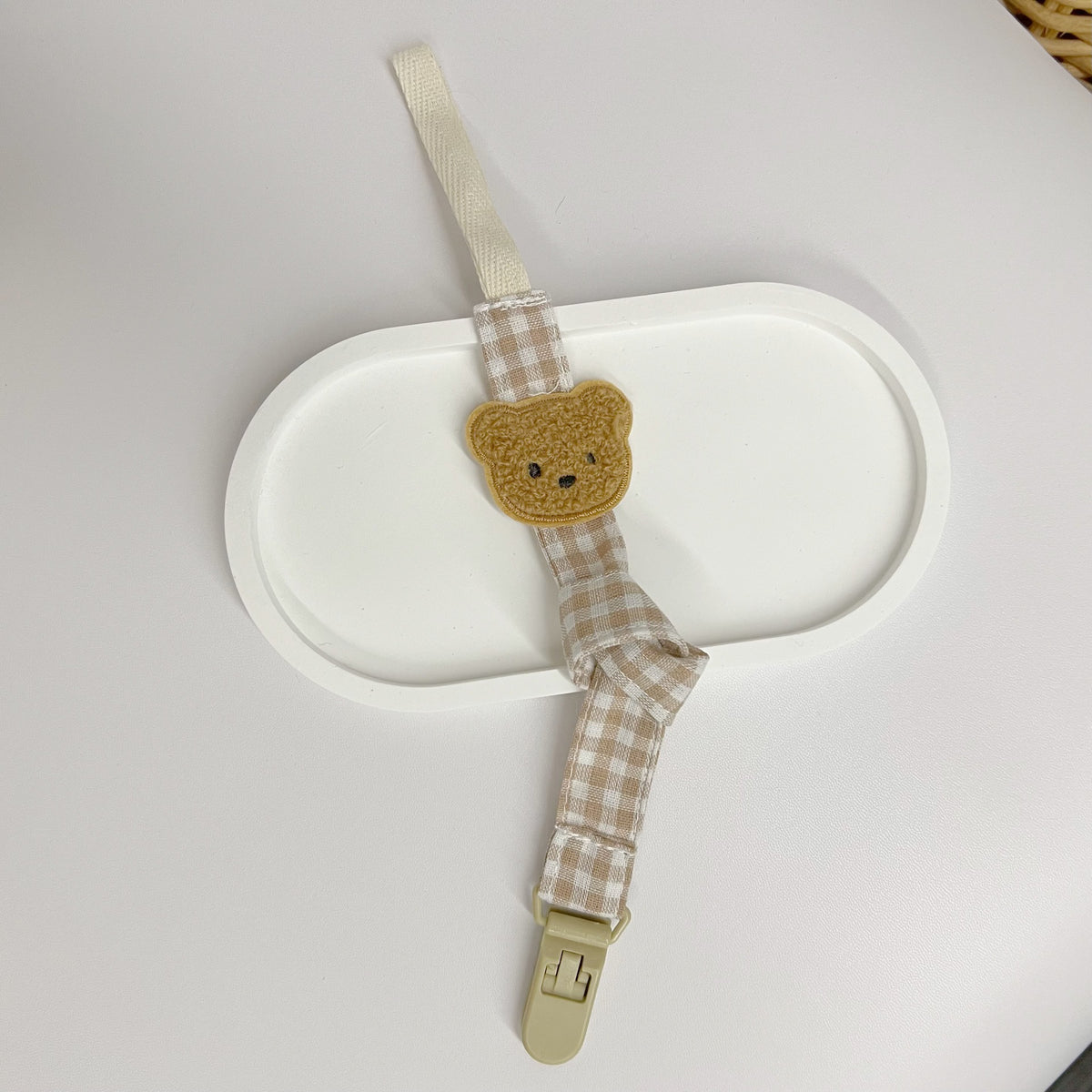 Vichykaro Baumwollberuhigungssauger- und Beißringclip mit gesticktem Bärenapplikation