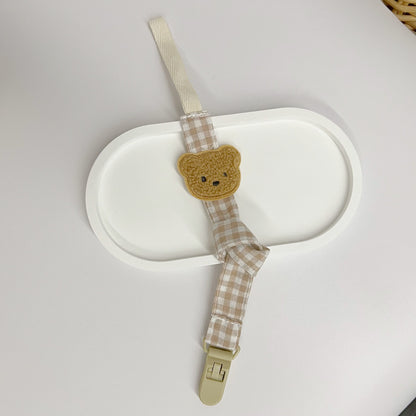Vichykaro Baumwollberuhigungssauger- und Beißringclip mit gesticktem Bärenapplikation