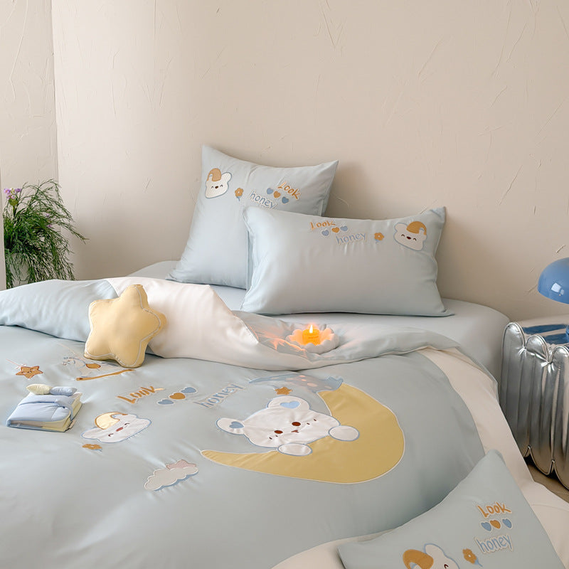 Kinder-Bettwäsche-Set aus Baumwollsatin mit applizierter Mond- und Bärenapplikation, gesteppter Bettdecke Brehn