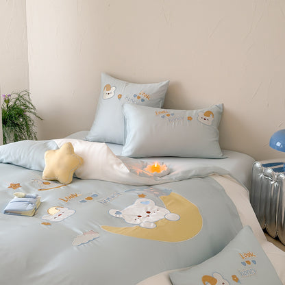 Kinder-Bettwäsche-Set aus Baumwollsatin mit applizierter Mond- und Bärenapplikation, gesteppter Bettdecke Brehn