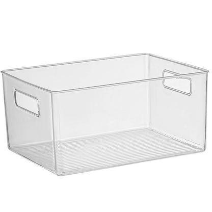 Vielseitige Aufbewahrungsbox aus klarem Kunststoff mit seitlichen Grifföffnungen und geriffeltem Boden