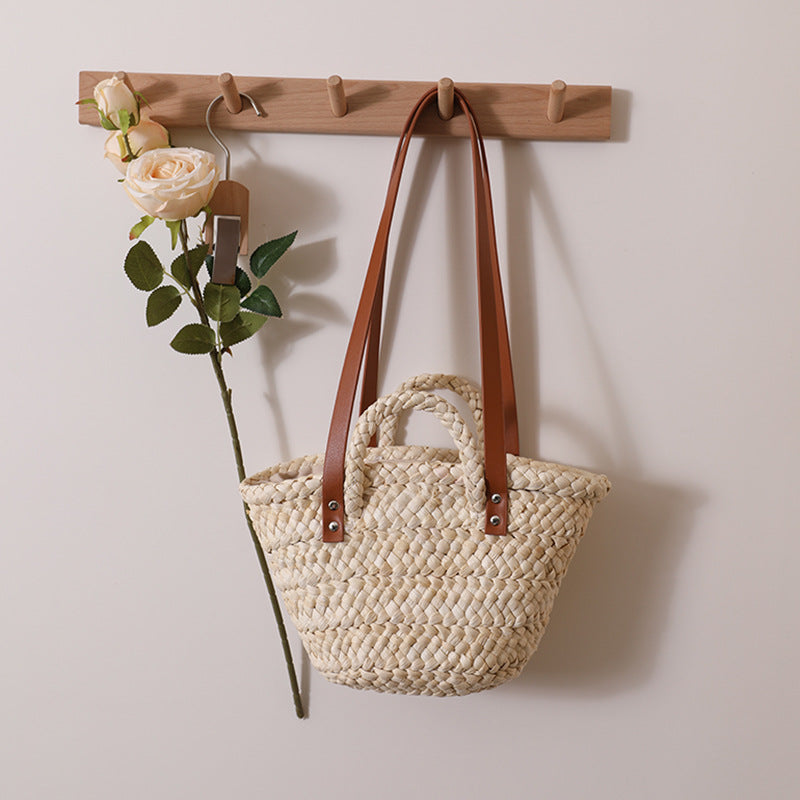 Handgefertigte Basttasche mit Stabilen Ledergriffen Brehn
