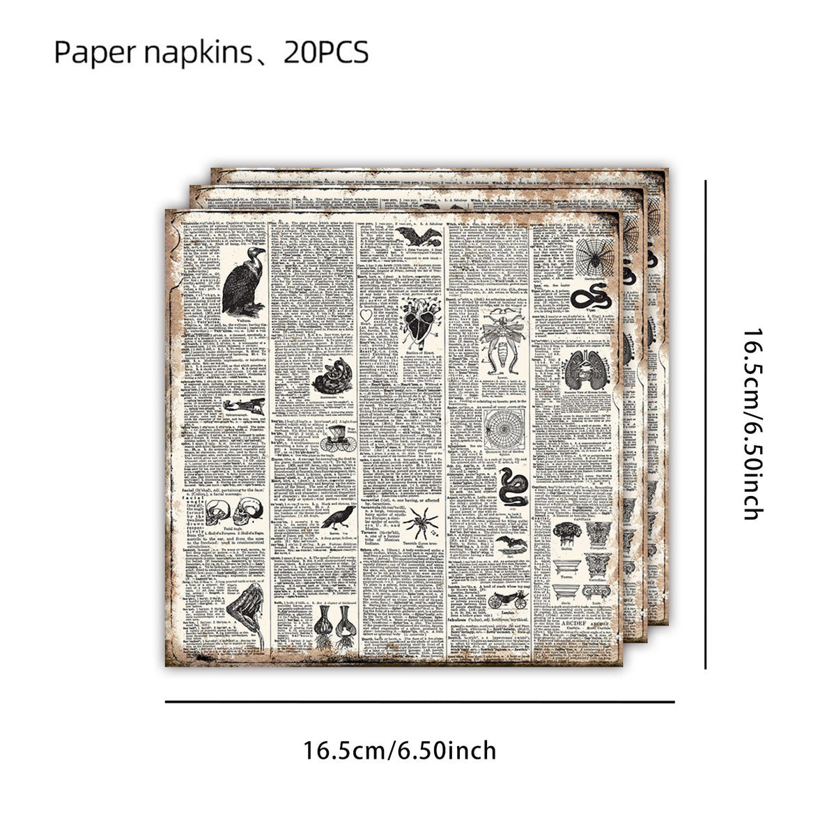 Vintage Servietten-Set mit antikem Zeitungs- und Anatomie-Print