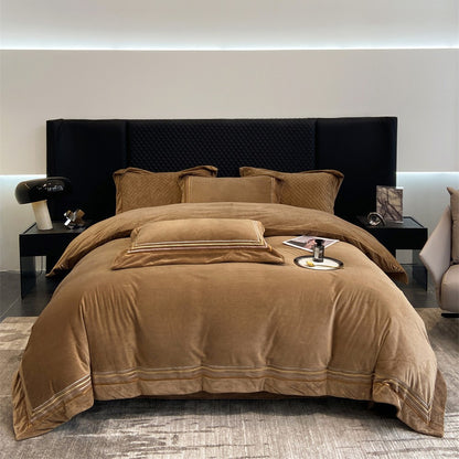 Luxuriöses Velvet Bettbezug- und Kissenbezug-Bettwäsche-Set mit besticktem Saum
