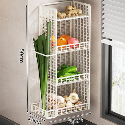 Wandmontierter dreistufiger Mesh-Küchenorganizer mit seitlichem Utensilienfach