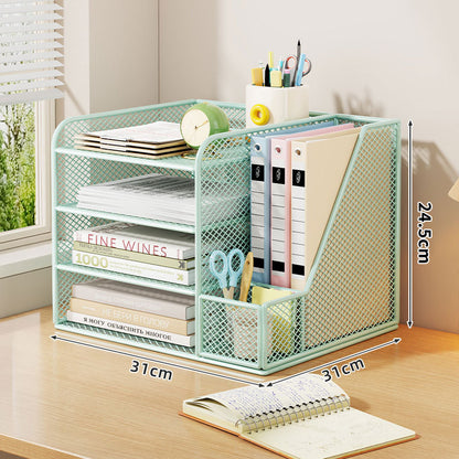 Metallgitter Multi-Tier Schreibtischorganizer mit vertikalem Dokumentenfach & abnehmbarem Stiftbecher