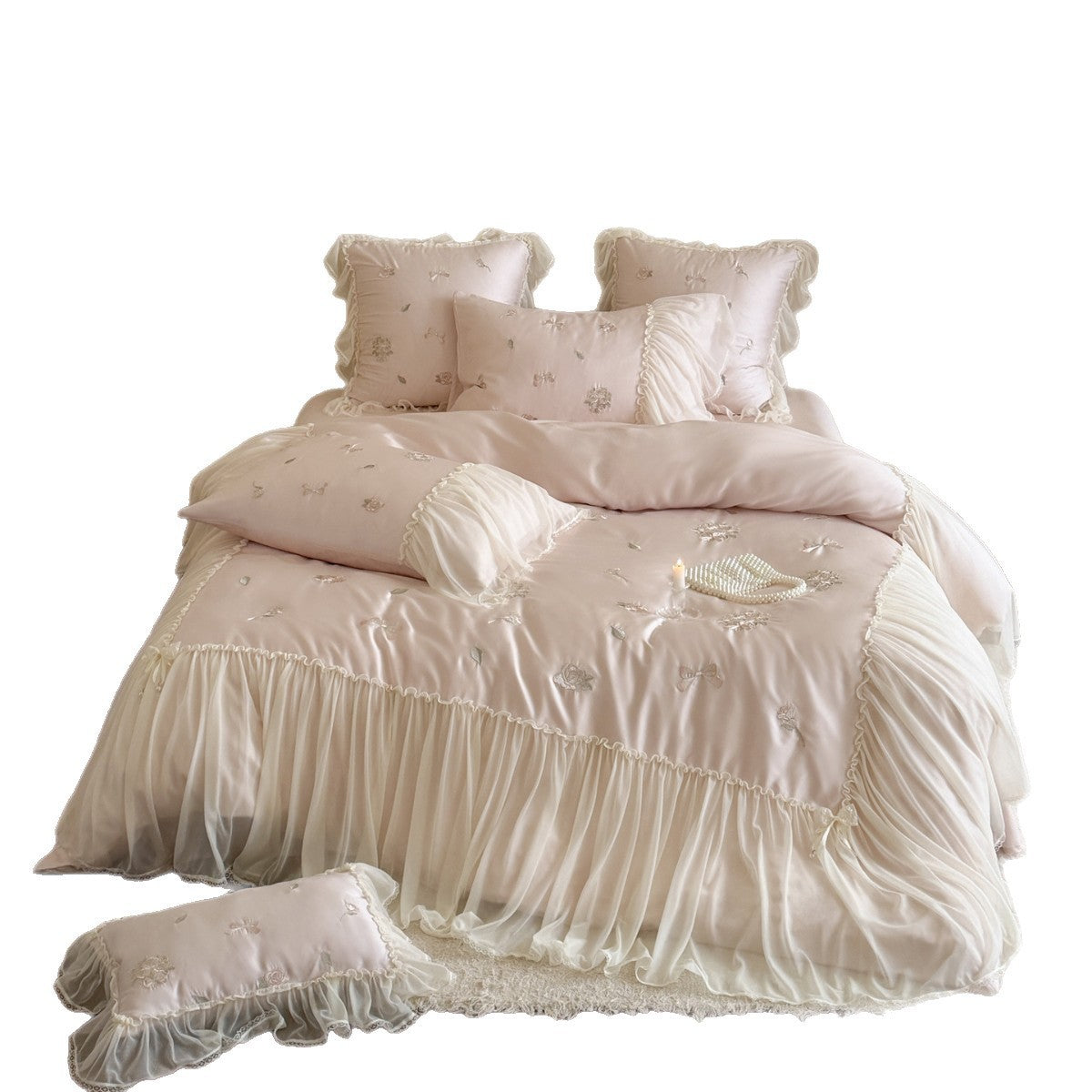 Luxuriöses Satin-Mischgewebe gesticktes Bettbezug-Set mit transparenter Rüschenschürze und dekorativem Bolster