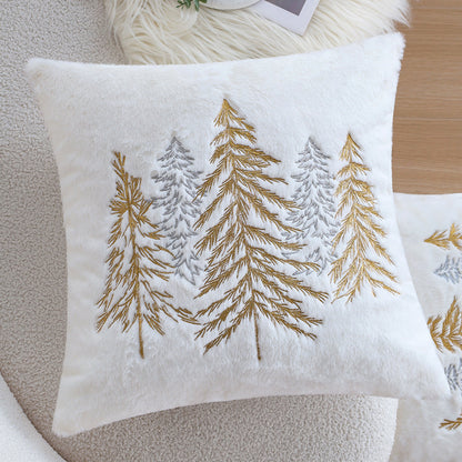 Quadratischer Zierkissenbezug aus Kunstfell mit gesticktem Tannenbaum‑Motiv Brehn