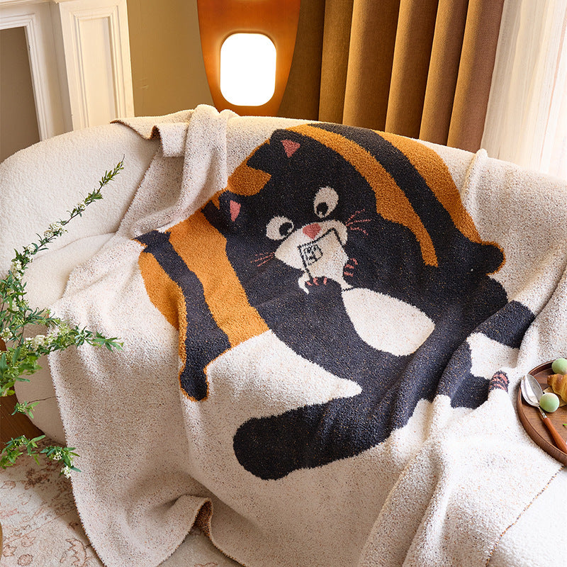 Plüsch Chenille Wurfdecke mit Cartoon-Katze Jacquard und Sherpa-Rückseite