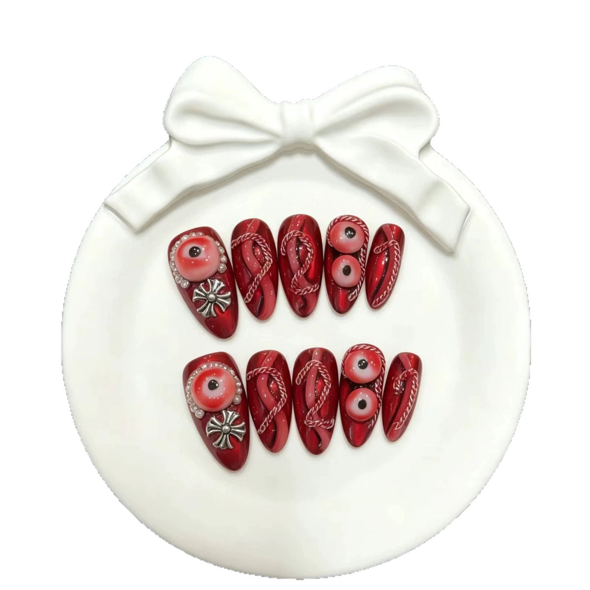 Künstlerisches Press-On Nagelkunst Set mit einzigartigen roten Designs