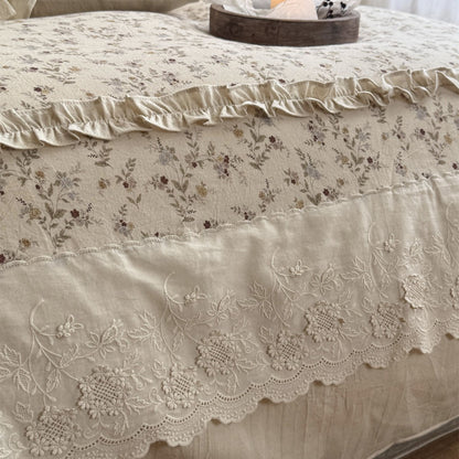 Rüsch Floral Leinen-Baumwolle Bettbezug Set mit Spitzenbesatz