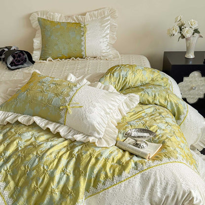 Satin-Trim Gequiltetes Jacquard Bettbezug Set mit Spitzenkante Kissenbezügen