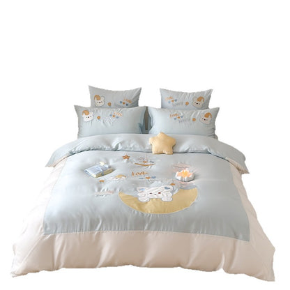 Kinder-Bettwäsche-Set aus Baumwollsatin mit applizierter Mond- und Bärenapplikation, gesteppter Bettdecke Brehn