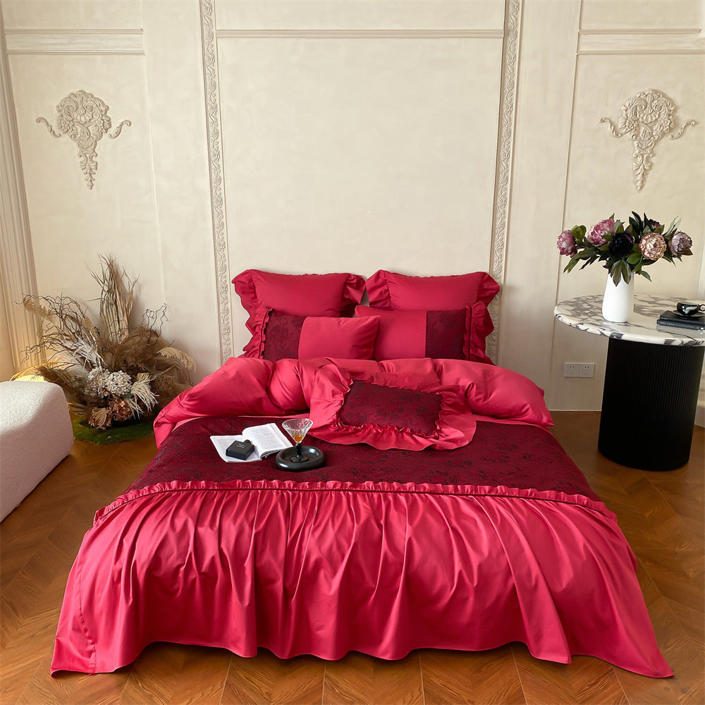 Luxuriöses Satin-Bettwäsche-Set mit Rüschen und Spitzenapplikation