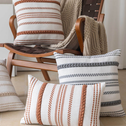 Handgewebtes Baumwoll gestreiftes Boho dekoratives Kissenbezug-Set mit geflochtenem Akzent