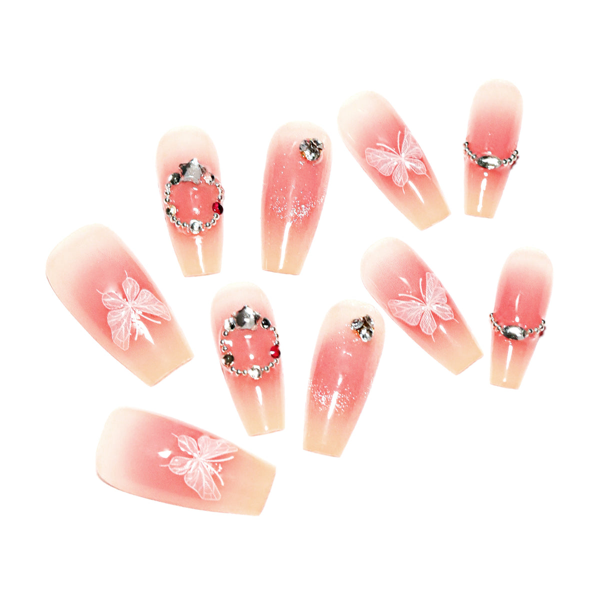 Künstliche Nagelverlängerungen mit floralem Design und funkelnden Akzenten Brehn
