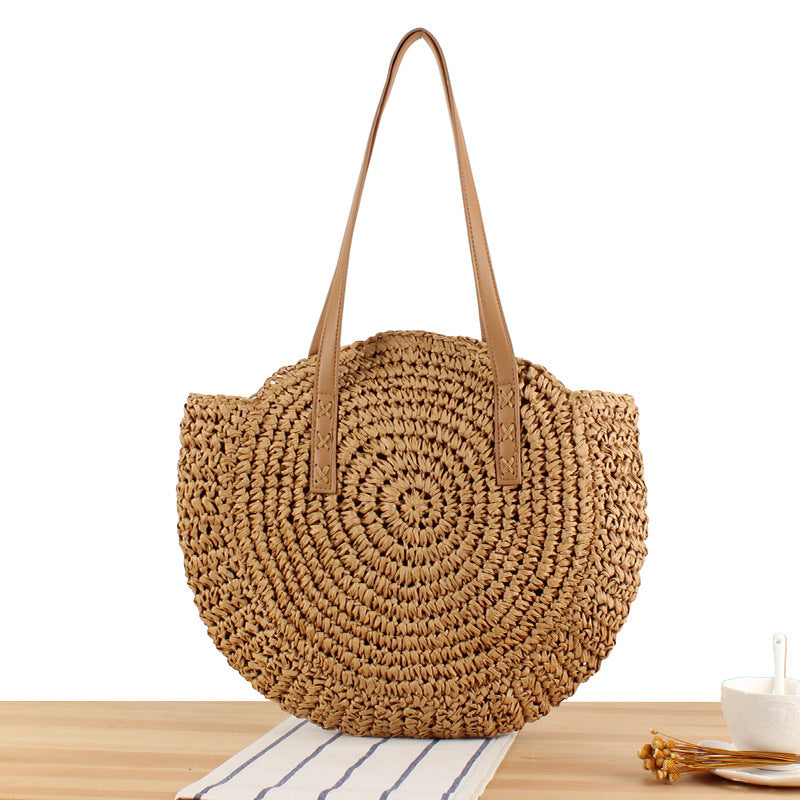 Runde Strohtasche mit Ledergriffen Brehn