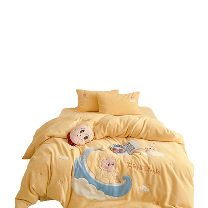 Kinder-Flauschbettwäsche-Garnitur mit Mond- und Stern-Applikation