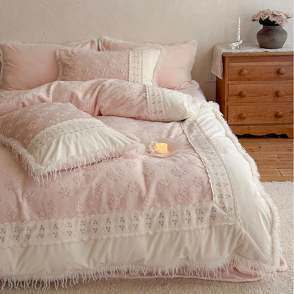 Bestickte florale tufted Baumwoll-Bettbezugset mit Spitzeneinfassung und franjiertem Rand