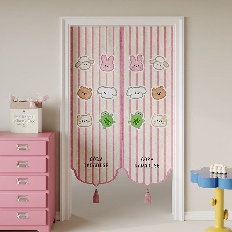 Kids Decorative Split Doorway Noren Curtain with Tassels and Cartoon Floral Lion Print