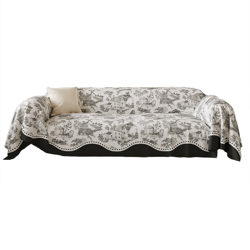 Toile-Print Scalloped-Edge Reversible Sofa Slipcover Throw