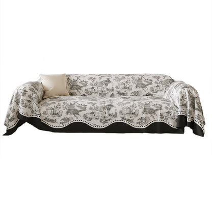 Toile-Print Scalloped-Edge Reversible Sofa Slipcover Throw