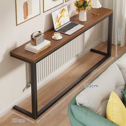 Schlanke schmale Konsole mit weißem Metallrahmen und Holzmaserung-Oberfläche