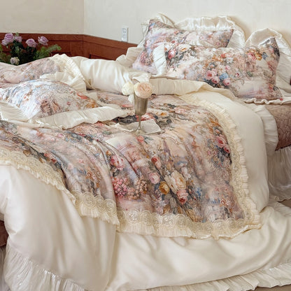 Vintage Floral Jacquard Bettwäsche Set mit Rüschensatinbesatz und Spitzenpaneel