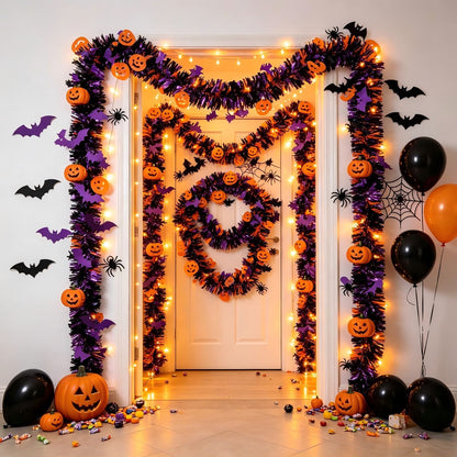 Glänzende Halloween-Girlande aus Kunststoff mit Kürbis-Konfetti und dichten Fransen