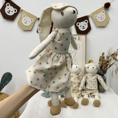 Plüsch-Leinen-Hasenpuppe mit langen Ohren, Fliege und abnehmbaren karierten Latzhosen