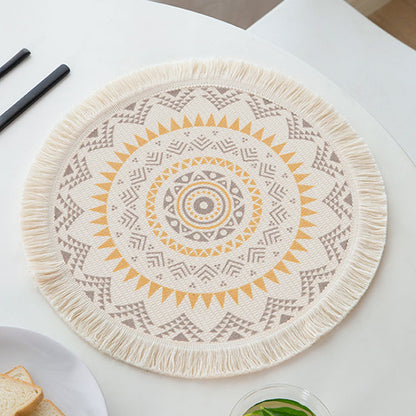 Rundes gewebtes Tischset mit Fransen und Mandala-Jacquardstruktur Brehn
