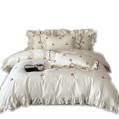Luxus-Bettwäsche-Set aus Baumwollsatin mit Rüschen und Kirschenstickerei