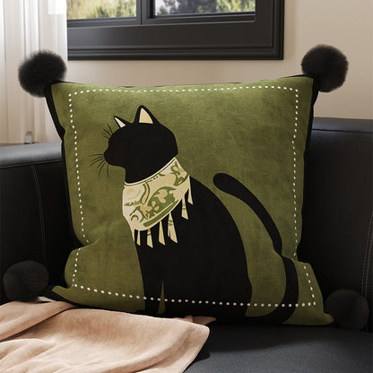 Decorative Velvet Throw Pillow Cover with Cat Silhouette and Corner Pom-Poms