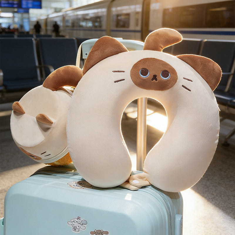 Kuscheliges ergonomisches Reisekissen mit Katzenmotiv und integrierter Aufbewahrungstasche