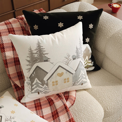 Winter Cottage Embroidered Plush Square Throw Pillow Cover with Hidden Zipper