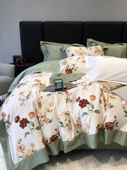 Premium-Satin-Bettbezug-Set mit zartem Aquarell-Blütenprint und eleganter Volantkante