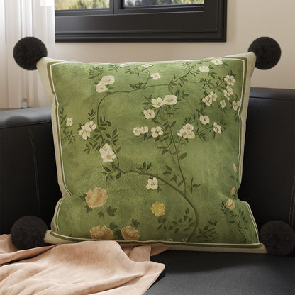 Square Plush Botanical Velvet Cushion Cover with Corner Pom-Poms and Invisible Zip
