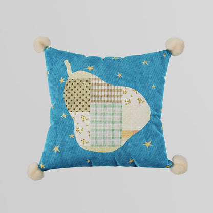 Patchwork Pear Appliqué Decorative Throw Pillow with Pom-Pom Corners