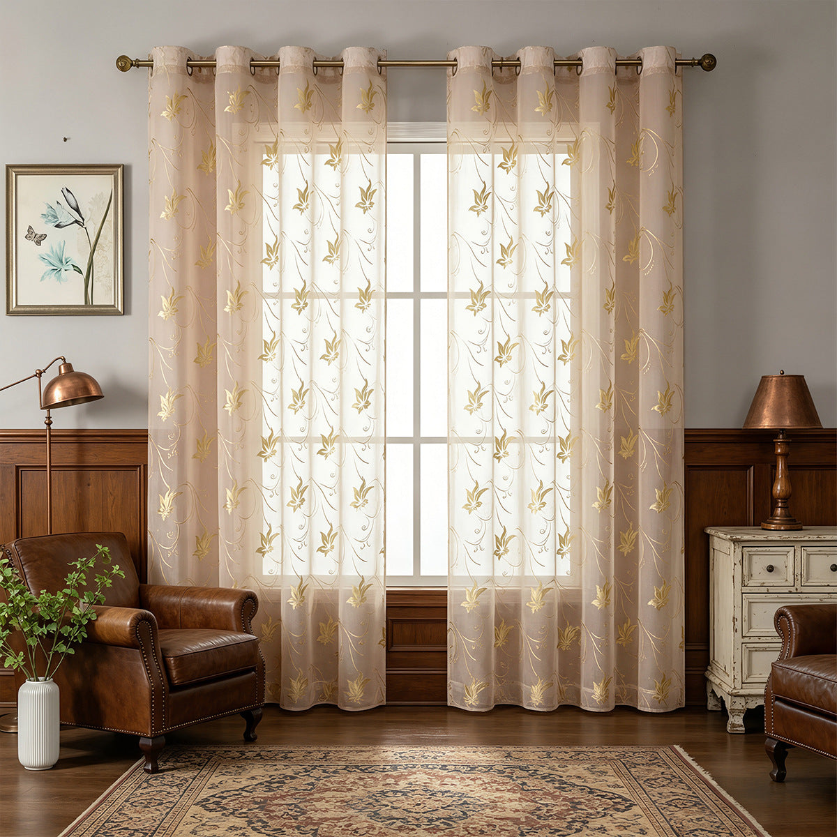 Künstlerisch Floral Gestickter Transparenter Vorhang