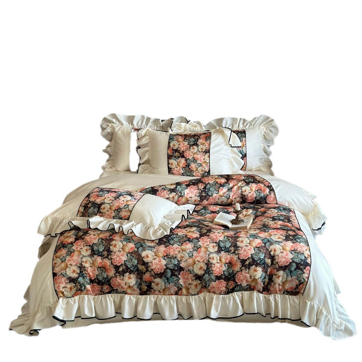 Luxuriöses florales Baumwollsatin-Bettwäsche-Set mit Rüschen und Passe