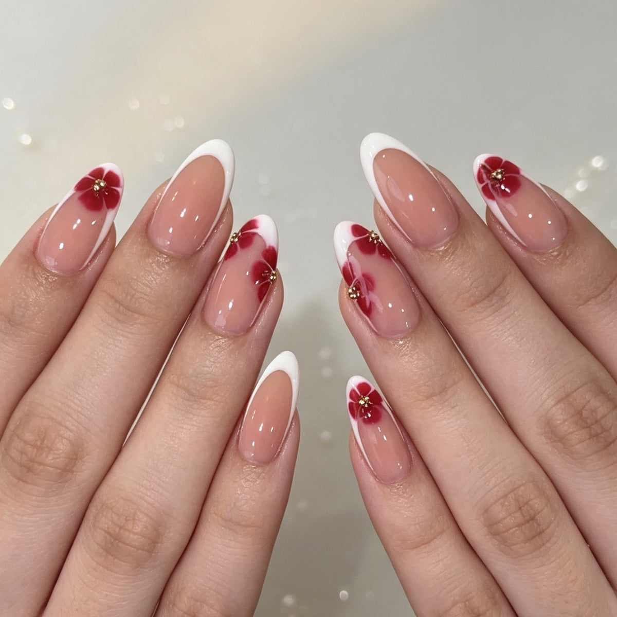 Künstlerische florale French Tip Press-On Nägel Brehn