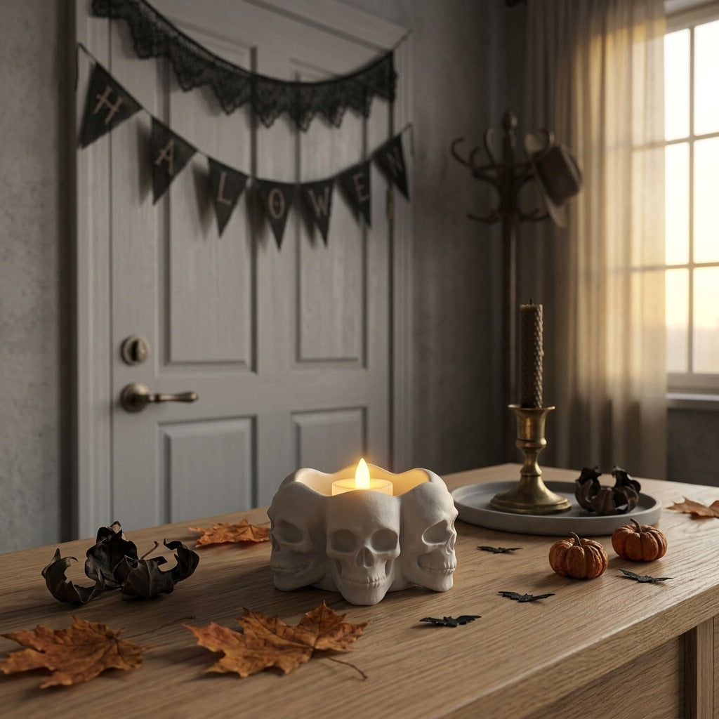Keramik-Schädel-Planter mehrköpfige Blumenschale und Kerzenhalter für Halloween-Deko