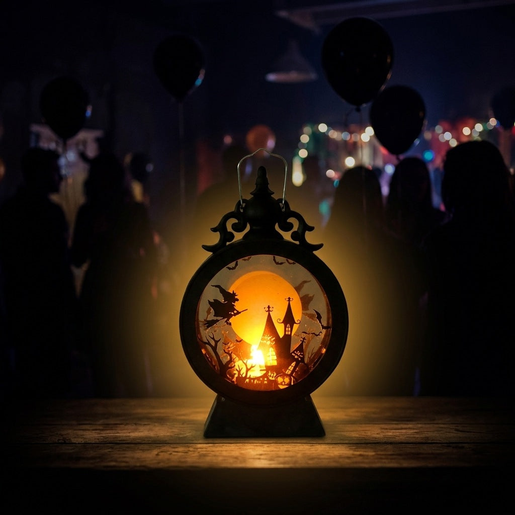 LED-Deko-Tischlaterne mit Halloween-Silhouetten und warmweißem Leuchten