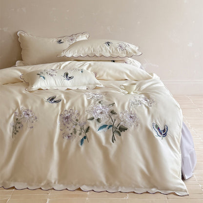 Bestickte florale Duvet-Bezug mit gewelltem Rand aus Baumwollsatin-Ensemble mit passenden Kissenbezügen