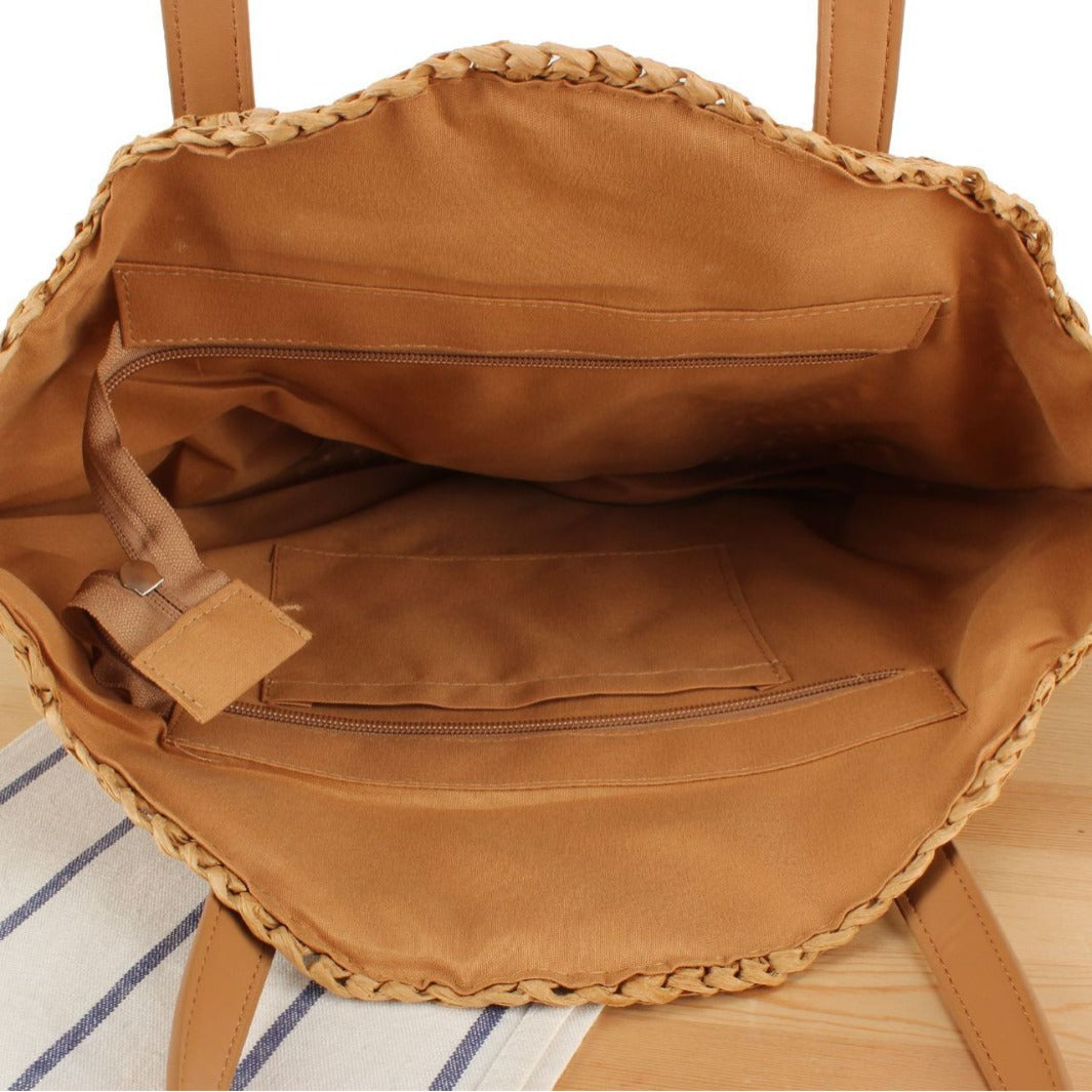 Runde Strohtasche mit Ledergriffen Brehn